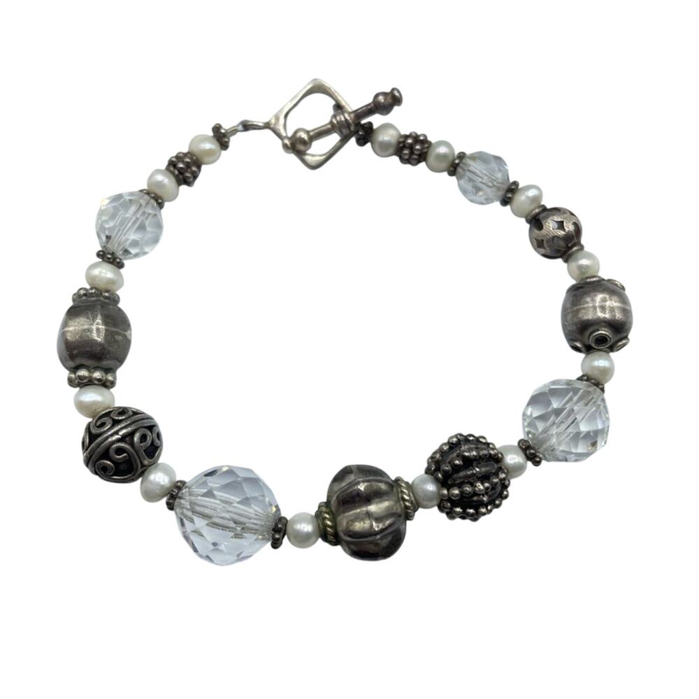 925 Silver & Clear Glass Beads Beaded Bracelet Marked Charms